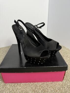 Alisha Hill Shoes Womens 8 Black Platform Peep Toe Slingback Heels Rhinestone